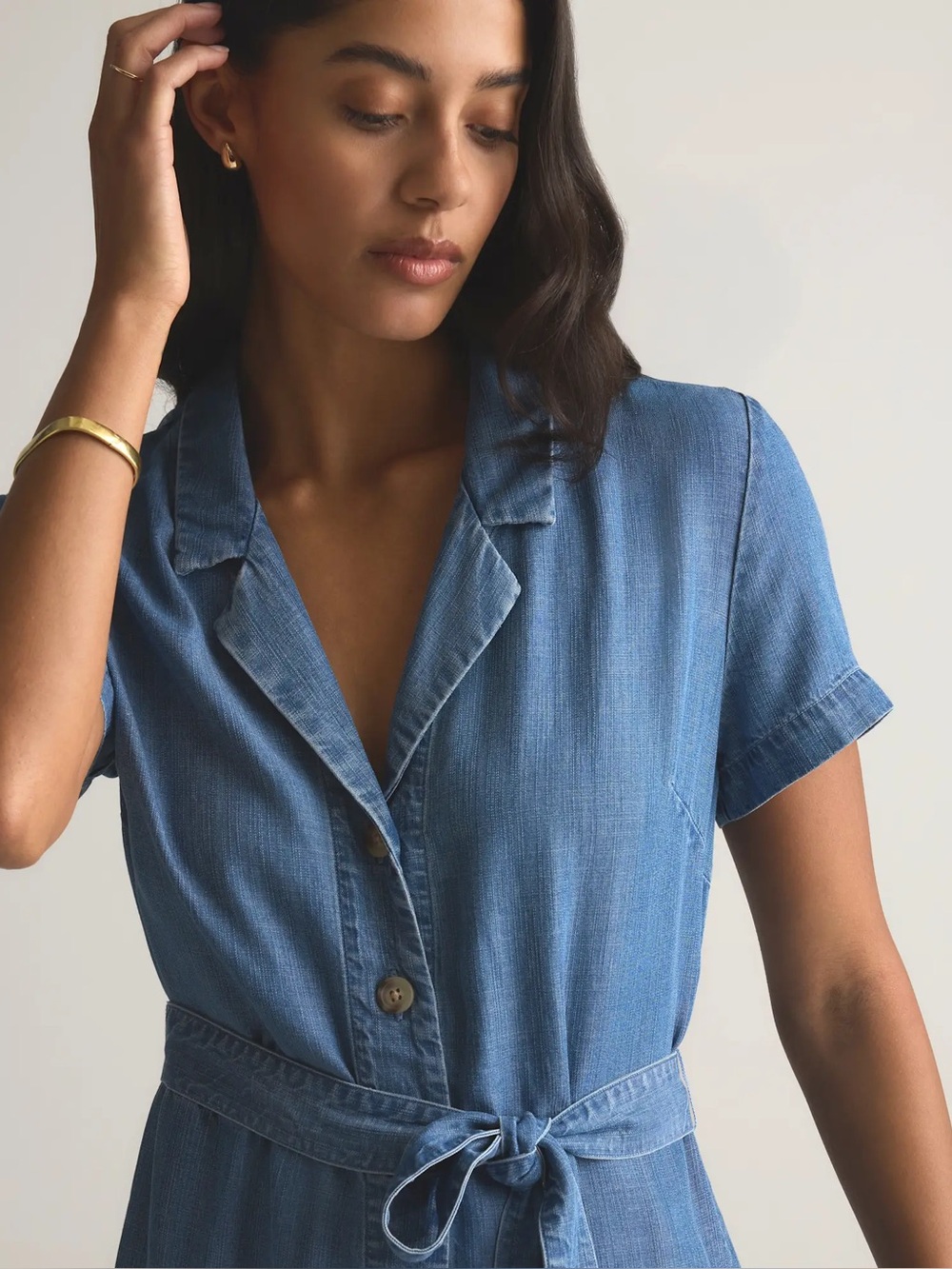 Quince Blue Button-Front Denim Midi Dress with Tie Waist - Picture 7 of 12
